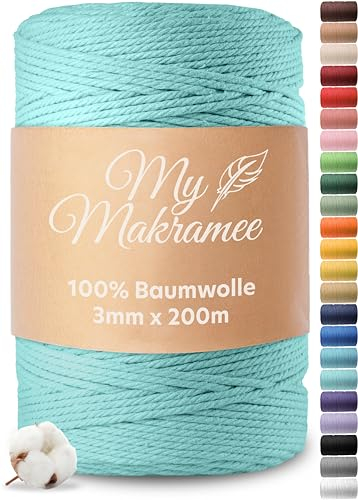 My Makramee® - Makramee Garn 3mm x 200m - Minze - 100% Baumwolle - Premium Baumwollgarn mit natürlicher Optik - plastikfreie Verpackung