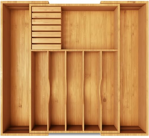 Premium Schubladen-Organizer aus 100% Bambus – erweiterbarer Küchenschubladen-Organizer für große Utensilien und Besteckkasten – perfekter Besteck-Organizer – Besteck-Organizer für Schublade mit