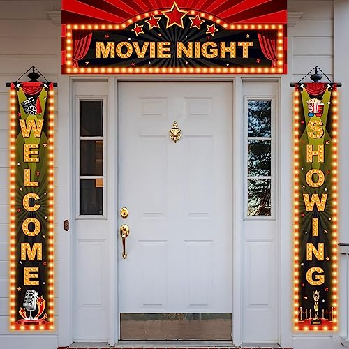 3 Pieces Light Movie Night Porch Sign Banner LED Movie Theme Party Decorations Theater Welcome Now Showing Lights Camera Action Hanging Porch Sign for Home Film Backdrop Party Supplies