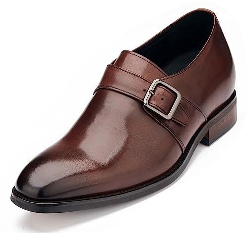 CALTO Men's Invisible Height Increasing Elevator Shoes - Coffee Brown Leather Slip-on Monk-Strap Dress Loafers - 2.8 Inches Taller - Y7255 - Size 8 UK