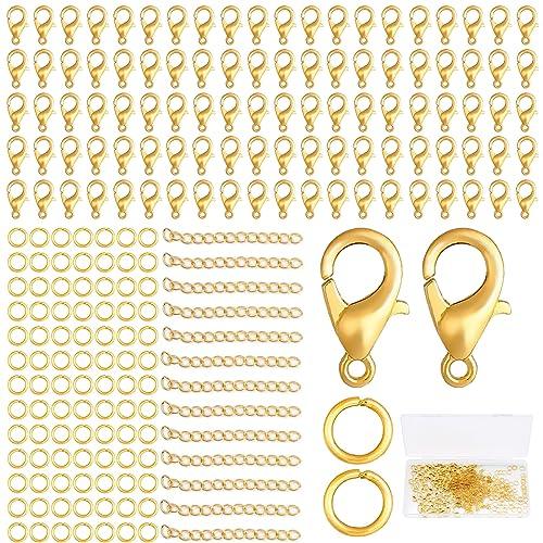 VEGCOO Kettenverschluss, 500 Stück Armband Verschluss 200 Stück Offene Biegeringe 7 * 0.9mm+100 Stück Verlängerungsketten 50mm+200 Stück Karabinerverschlüsse 12mm Für Die DIY-Schmuckherstellung(Gold)