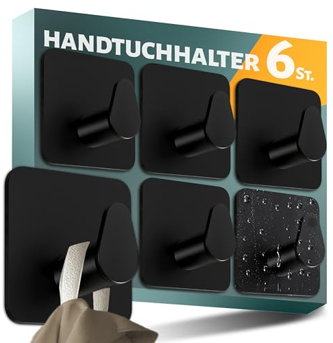 Menz Portasciugamani senza foratura, set da 6 pezzi, colore nero, sostegni per asciugamani da bagno in acciaio inox, ganci ovali autoadesivi, forti sostegni adesivi ovali come eleganti supporti da