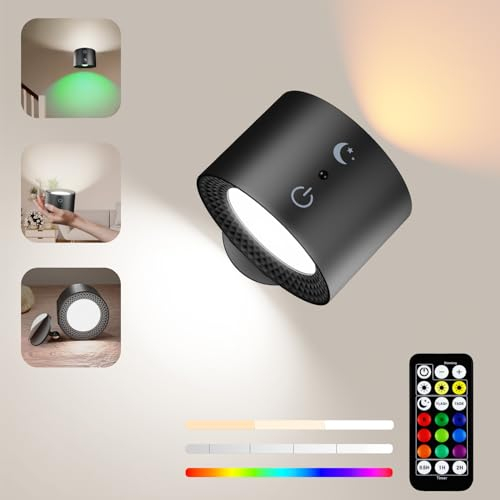 Applique Murale Intérieure, Lampe de Chevet Sans Fil Tactile LED avec Télécommande, Lampe Murale RGB à Gradation Rotatifs 360° Rechargeable avec Minuterie Applique Murale Chambre Salon