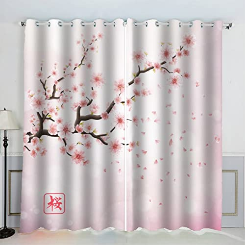 AKATIE Floraison des Cerisiers Japonais Rideaux Thermique Isolant Anti Froid Polyester 2 Pièces 3D Impression Fleurs Rose Motif Opaque Rideau Occultant Oeillet Chambre Salon Rideau （220x215 cm）