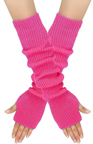 MoreChioce 1 Paar Frauen Lange Fingerlose Handschuhe, Winter Gestrickt Armstulpen Ellenbogenlange Handgelenk Pulswärmer Damen Halbfingerhandschuhe Fäustlinge Strickhandschuhe mit Daumenloch,Rosa Rot