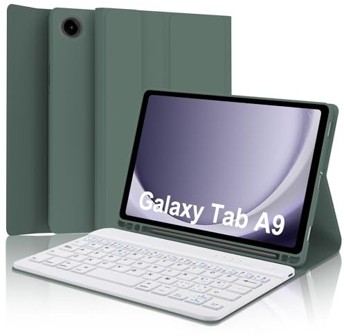 IVEOPPE Funda con Teclado Samsung Galaxy Tab A9 8.7 Pulgadas 2023, Teclado Español Ñ Bluetooth Desmontable (SM-X110/X115/X117), Verde Oscuro