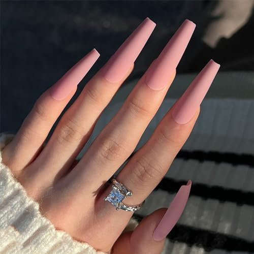 24pcs Extra Long Coffin Press-on Nails - Pink Stick-on Removable Glue-on Full Cover Acrylic Fake Nail Set for Women and Brides - Nail Art Accessories