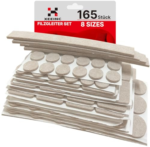 XEEINC set di 165 Feltrini Adesivi per Sedie Mobili, Feltrini per Sedie Rotondi Quadrati, 3mm di spessore, con 8 taglie, Antiscivolo, Feltrini per Mobili Pesanti - Marrone chiaro