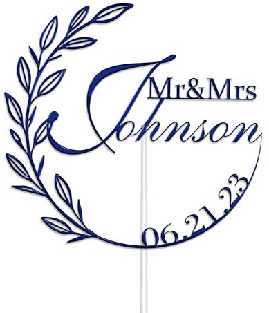 Personalised Acrylic Wedding Cake Topper by KreateSquare - Mr and Mrs Rustic Design - Customisable with Any Name and Date, Custom Colour – Wedding Cake Decoration (Navy Blue)