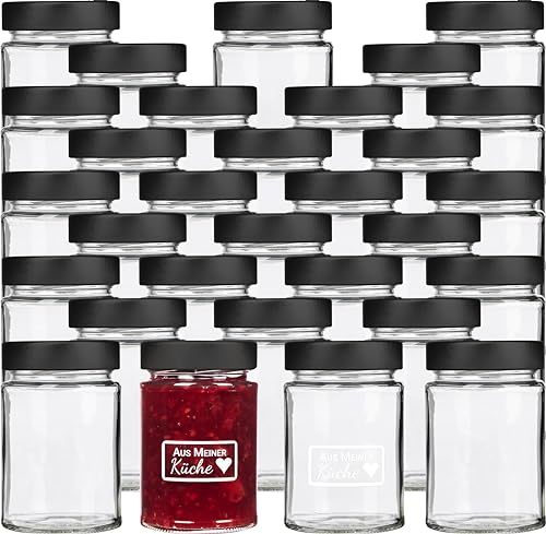 GIESSLE® 30 x kleine Gläser 200ml (Made in Germany), Einmachglas mit matt schwarzem Deckel (30er Set Schwarz Matt)