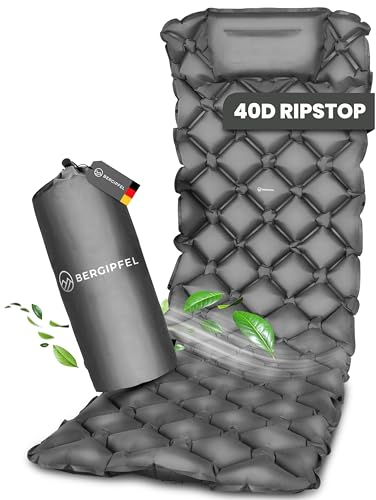 BERGIPFEL® aufblasbare Isomatte 7,5 cm – Ultraleicht, kleines Packmaß, mit integrierter Fußpumpe – graue Campingmatte, ideal für Outdoor, Survival & Trekking.