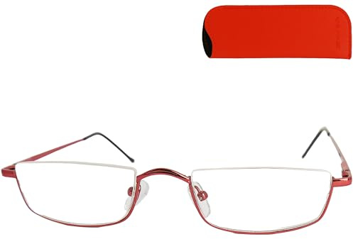 Mini Brille Lesebrille Halbrand oben rechteckig aus Metall für Damen & Herren, oranges Etui