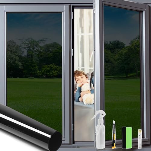 OFHome One Way Privacy Film with Installation Tools, Self Adhesive Window Tint for Home and Office, Anti Glare UV Sun Blocking Heat Control Reflective Mirror Daytime Glass Tinting, Black, 90x200cm