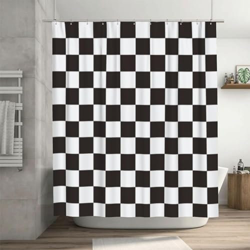 3D Rideau de Douche 180 x 200 cm Damier, Rideau Douche Noir et Blanc Anti Moisissure Imperméable Polyester Tissu Rideaux de Douche pour Baignoire Salle de Bain, avec 12 Crochets a7704