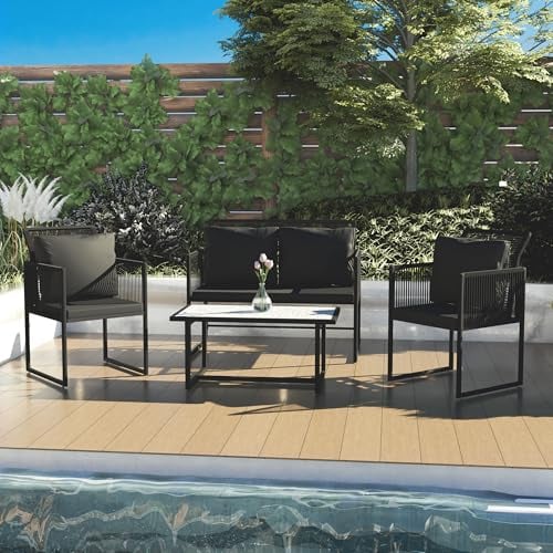 AISALL Set di Conversazione da Giardino 4 Posti - 2 Divani + 2 Sedie con Tavolo e Cuscini - Salotto Esterno in Corda Intrecciata Nero, Resistente alle Intemperie - Per Patio, Terrazza, Balcone