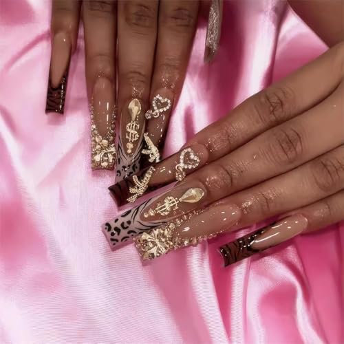 RTKHFZE Xl Press on Nails Long Square Fake Nails French Tip Glue on Nails with Designs Nails Charm and Rhinestones False Nails Acrylic Nails Full Cover Stick on Nails for Women Nail Decorations
