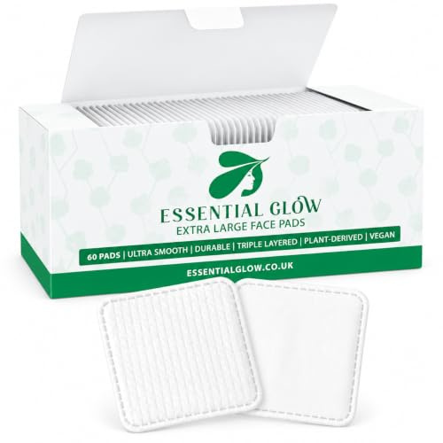 Essential Glow 60 XL Face Cotton Pads for Adults and Babies – Triple Layered - Lint Free - Large Premium Organic Square Cotton Wool Pads – Makeup Remover, Cleansing, Exfoliating, Skincare - Pack of 1