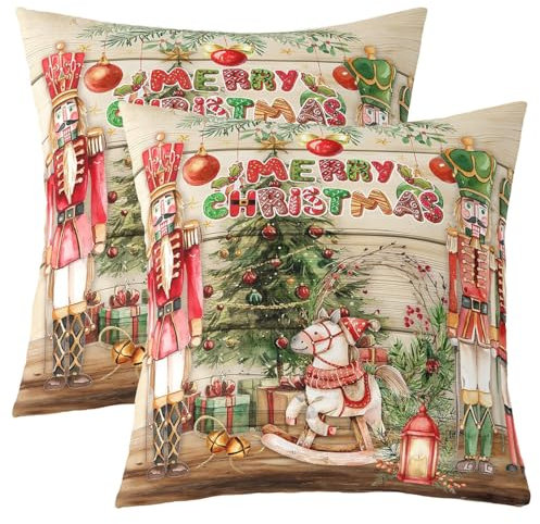 Loussiesd Weihnachten Kissenbezüge 60x60cm 2er Set Kissenbezüge Santa Reiter Kissenbezug Für Schlafzimmer Wohnzimmer Dekor Schneeflocke Dekokissen Horse Sofakissen Couchkissen Beige Braun