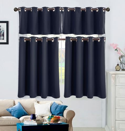 Wycian Querbehang Gardine Kurz Kurzgardine Verdunkelung Marineblau 2er Pack Unifarbe H46 x B132 cm (2er Pack) Polyester