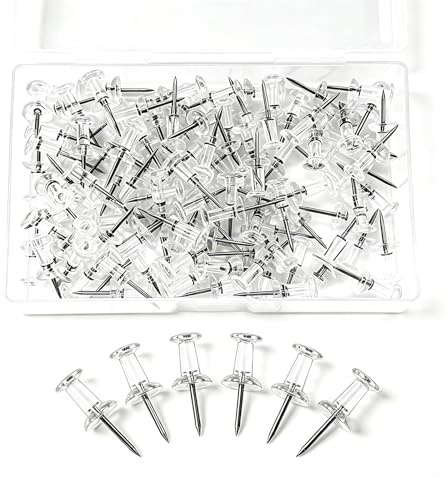 MeiLang Clear Push Pins 100 Pcs - Thumb Tacks Drawing Pins, Pins for Pinboard Notice Board, Map Pins, Bulletin Board, Office, School, Home (with Storage Box)