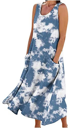 HAOLEI Linen Sleeveless Maxi Dress Plus Size for Women UK Sale - Summer Casual Loose Beach Long Boho Cotton A-Line Flowy Tank Sun With Pockets