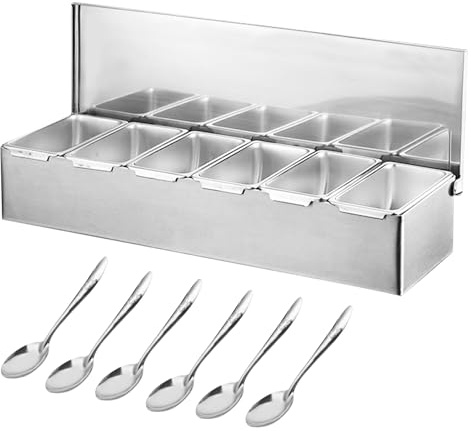 IGTOPS Contenedor de Ingredientes de Acero Inoxidable con Tapa y Cuchara, Caja de Especias, Recipiente para Guarnición, Barbacoa, Pizza, Accesorios de Cocina - 6 Rejillas