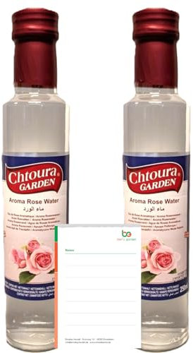 Orientalisches Rosenwasser 2x250ml Glasflasche- ideal zum Backen und Kochen - Blütenwasser zur Aromatisierung von Süßspeisen, Backwaren und Getränken + Ben’s Garden Notizblock Set