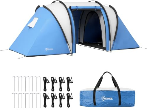 Outsunny Tente de Camping Familiale 4-5 Personnes 2 Chambres 3 Portes Bleu