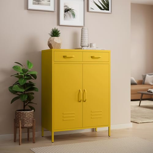skølm Kommode Atria, Sideboard für Wohnzimmer, Metall Kommode mit Doppeltür und Schubladen, Metallschrank, Mehrzweckschrank senfgelb Maße 110x80x38 cm