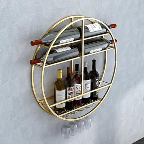 Rundes industrielles Weinregal aus Eisen mit Weinglashalter, Weinregal aus Metall, Wandmontage, modernes Weinaufbewahrungs-Präsentationsregal aus Eisen, Spirituosenbar-Präsentation
