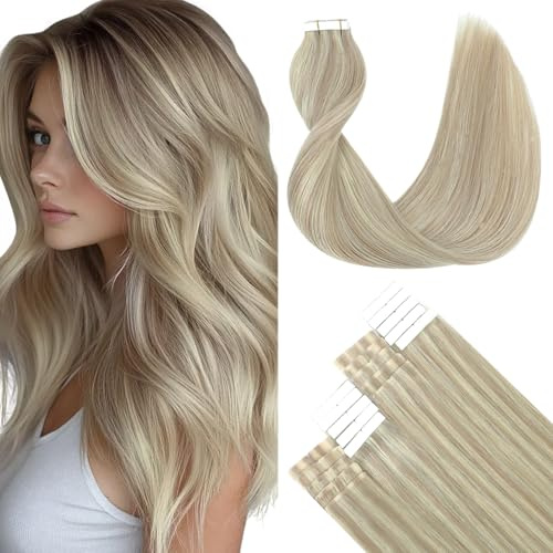 SURNEL Tape in Echthaar Aschblond mit Platinblond Tape in Extensions Echthaar 16 Zoll 50 Gramm 20Pcs (#18P613-40cm)