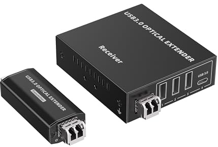 PremiumCord Optischer 4-Port USB-Extender bis zu 300m, USB 3.2 Super-Speed 5 Gbit/s, Multimode-Glasfaser-Extender, Metallgehäuse, Schwarz