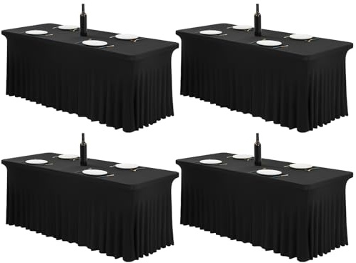 FXKS Spandex Tischröcke, 4 Stück, Schwarz, für 1,8 m Rechtecktische | Stretch Tischdecke und Tischabdeckung mit elegantem Faltenrock für Hochzeit, Party, Messe und Bankett