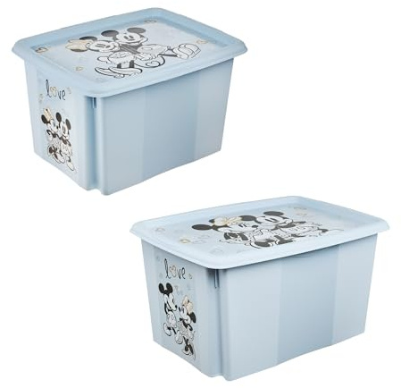 keeeper Karolina 2 x Mickey Storage Box with Lid, Rotating and Stackable, for Children, 30 L + 45 L, Cloudy Blue