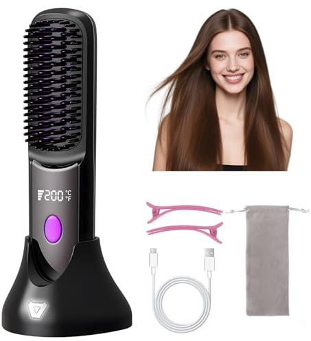 Anluomania Kabellose Glättbürste, Mini Haarglätter Bürste, Negativ Ionen Glätteisen, Haarglätterbürste mit LED-Bildschirm, 160-200℃, Schnell Aufheizen, USB-C Wiederaufladbar, Mit Ladestation, Haarclip