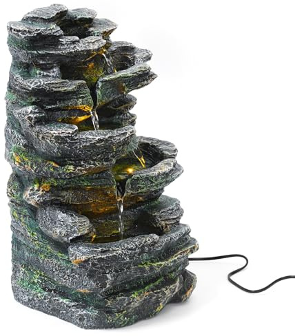 6-Tier Outdoor Cascading Rock Water Fountain with LED Warm Light, Outside Patio Water Features Fountain, Garden Waterfall Decor for Patio, Backyard, Porch UK