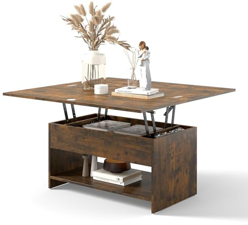 Table Basse Relevable, Tables Basse Extensible Multifonctionnelle 4 en 1 pour Salon, avec 3 Cases de Rangement Cachées, Table Basse Convertible Manger (Pied à Panneau avec étagère, Brun Rustique)