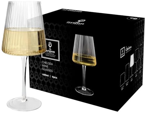Argon Tableware Chelsea Optic Crystal White Wine Glasses 480ml - Pack of 24, Lead-Free Crystal Wine Glass Set, Art Deco Design with Optic Detail, Tulip Bowl, Gift Boxed Glassware