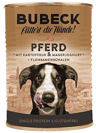 Bubeck Pferdefleisch | 6 x 400 g | Nassfutter für adulte Hunde | Pferdefleisch mit Kartoffeln und Magerjoghurt | Verfeinert mit Sonnenblumenöl und wertvollen Flohsamenschalen