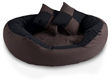 BedDog® 4in1 Hundebett SABA, Wende-Hunde-Kissen oval-rund, großes Hundekörbchen, abwischbares Hundebett mit Rand, für drinnen, draußen, L, Mocca, schwarz-braun