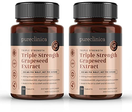 2-Pack Grapeseed Extract 300mg Tablets – Triple Strength with 90% OPCs – Powerful Antioxidant Support for Skin & Overall Health – 360 Tablets, 12 Month Supply – Made in UK