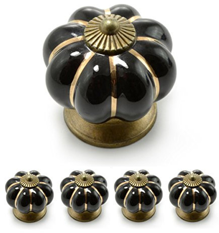Ganzoo Set Möbelknöpfe „Krone“ aus Porzellan mit antik Bronze Verzierung, (Set in vielen verschiedenen Farben erhältlich) Vintage Schrankknauf aus Keramik, Möbelgriff, Marke (4er SET, Schwarz)