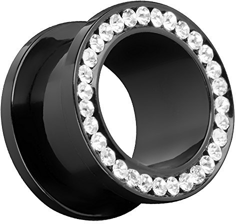 Piersando Flesh Tunnel Ohr Piercing Plug Ohrpiercing Schmuck Schraub Edelstahl Titan Eloxiert mit Zirkonia Kristall Steinen am Rand 8mm Schwarz