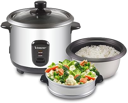 BEPER 90.550. Cuociriso e Vaporiera 2 in 1 in Acciaio, Misurino e Cucchiaio inclusi, Argento/Nero