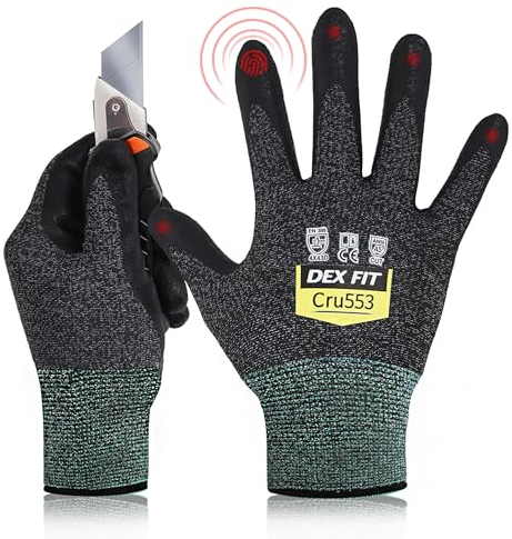 DEX FIT Level 5 Cut Resistant Gloves Cru553, 3D Comfort Stretch Fit, Power Grip, Durable Foam Nitrile, Smart Touch, Machine Washable, Thin & Lightweight, Black Grey 8 (M) 3 Pairs