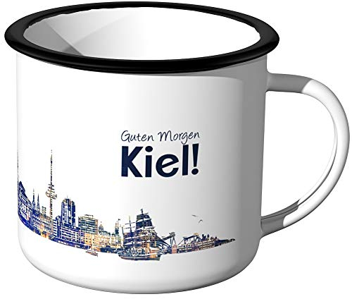 JUNIWORDS Emaille-Tasse, Guten Morgen Kiel, Skyline Nachtlichter, Silberner Tassenrand