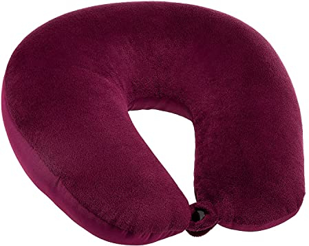 KAMACA Nackenhörnchen Nackenkissen mit Softplüsch Bezug und Druckknopf-Verschluss für Unterstützung bei Reisen Weiches und Komfortables Reisekissen für Flugzeug Zug Auto Bus (Bordeaux)