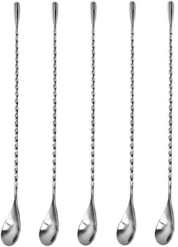 Hoshen 12 Inch Stainless Steel Long-Handled Spiral Twisted Spoon, Cocktail Mixing Spoon - 5 PCS