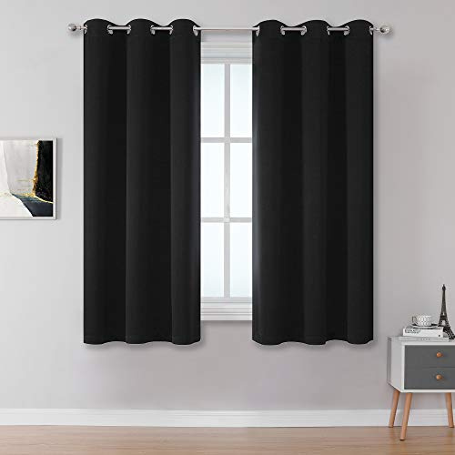 DUALIFE Schwarze Vorhänge, 137 cm Länge, Verdunkelungsvorhang, Ösenvorhänge für kleine Fenster, solide, energieeffiziente Schlafzimmervorhänge, wärmeisoliert, 96,5 x 137,2 cm lang, Set mit 2 Paneelen