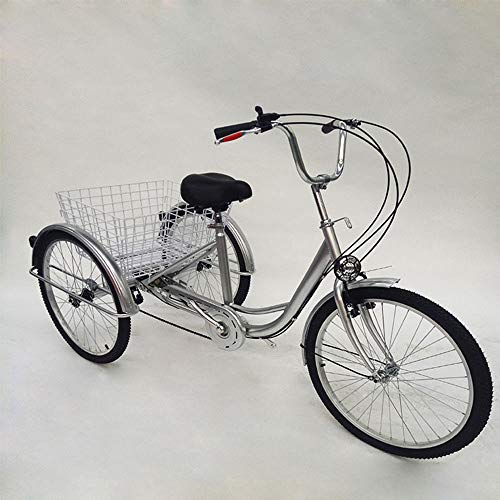 24 Zoll 6 Gänge Zahnräder Dreirad Für Erwachsene, Gold/Silver, 3 Rad Fahrrad Mit Korb Und Lampe (Farbe: Silver mit Lampe)